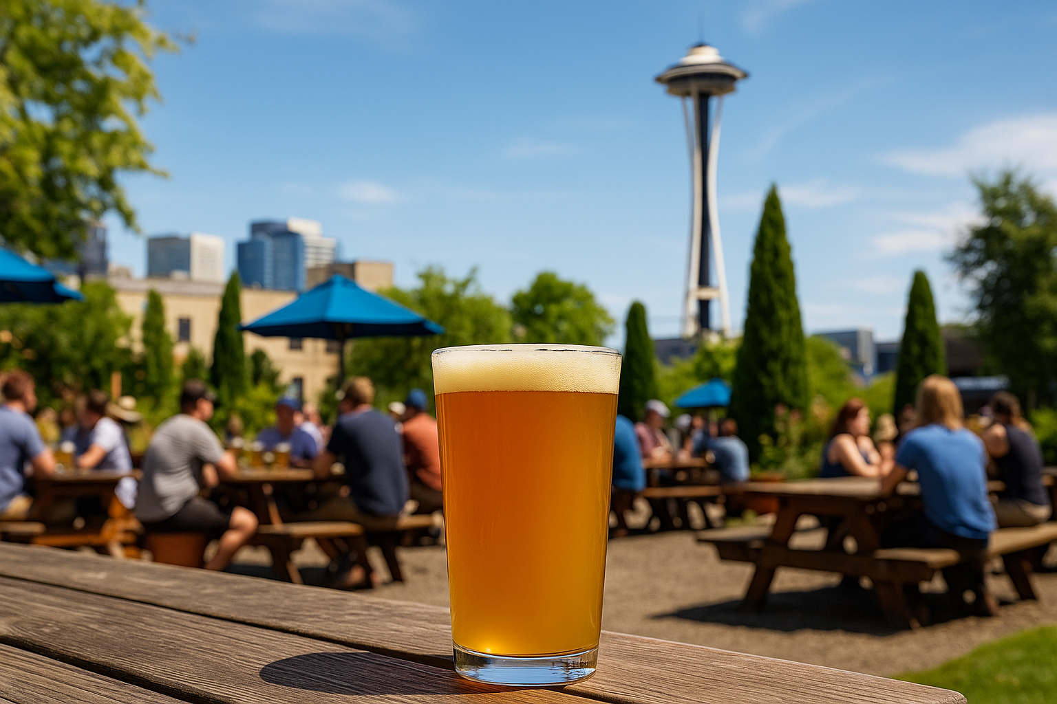 Seattle craft beer pint with Space Needle in background.
