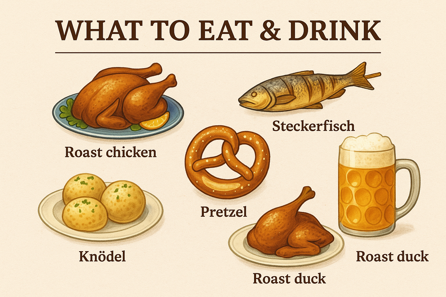 Illustrated infographic of six traditional Bavarian Oktoberfest foods and drinks, including roast chicken, Steckerlfisch, pretzel, Maß beer, Knödel, and roast duck, labeled under the title 'What to Eat & Drink'.