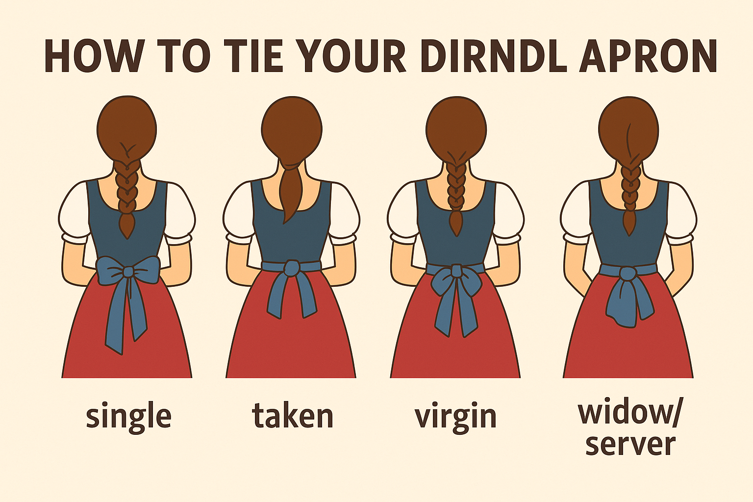 Infographic titled 'How to Tie Your Dirndl Apron' showing four illustrated women with apron bows tied in different positions to indicate relationship status: left for single, right for taken, center for virgin, and back for widow or server.
