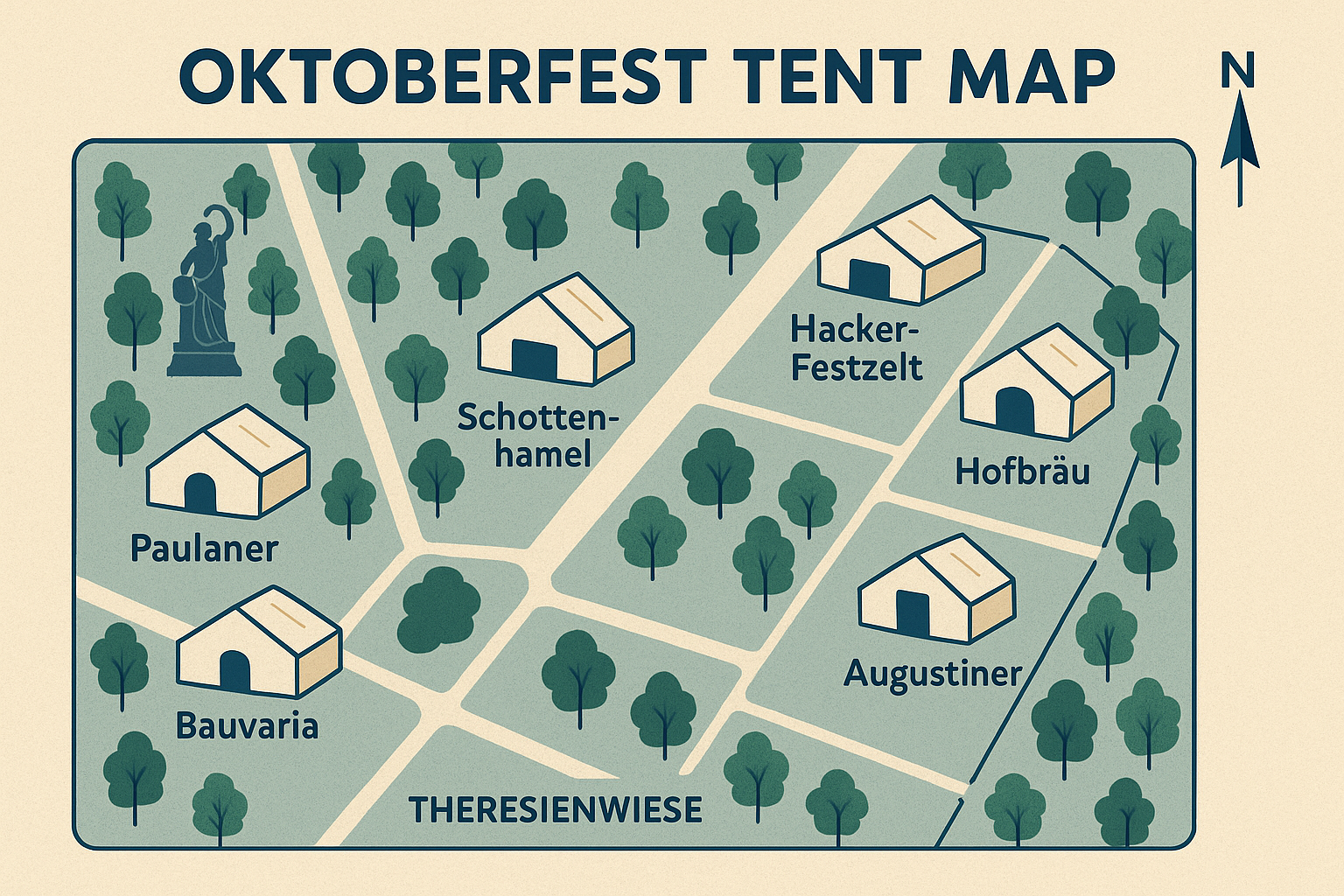 Illustrated map of Theresienwiese showing the layout of major Oktoberfest tents in Munich, including Schottenhamel, Hofbräu, Hacker-Festzelt, Augustiner, Paulaner, and Käfer, with labeled paths and trees for orientation.