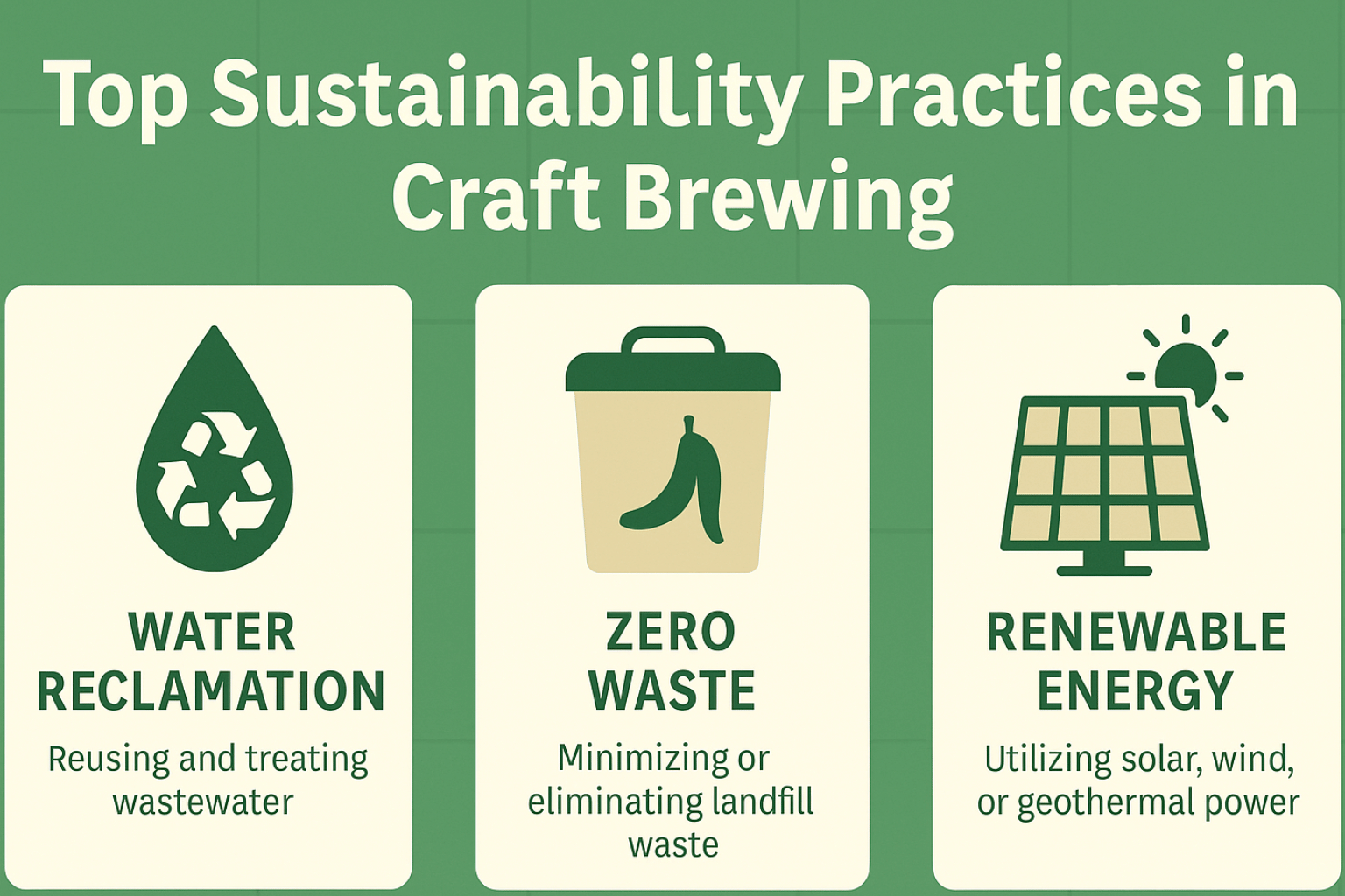 Infographic “Top Sustainability Practices in Craft Brewing” (water reclamation, zero waste, renewable energy).