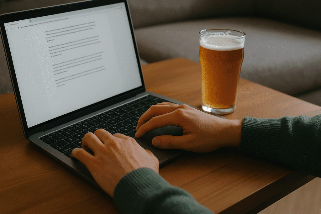 Lifestyle Photo: Blogger typing on laptop with a beer beside them.