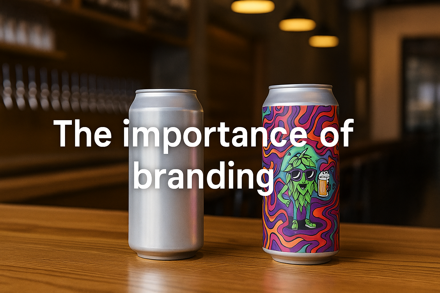 Side-by-Side Comparison: Example of plain vs. vibrant beer can label (to show branding importance)