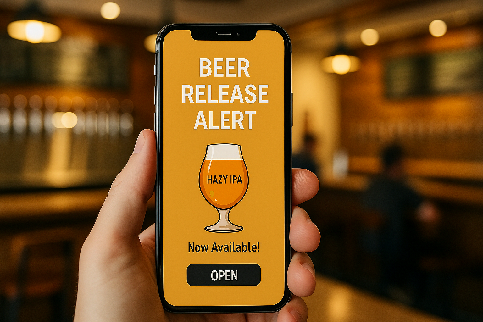 Phone Mockup: a Mobile app screen showing a beer release alert.