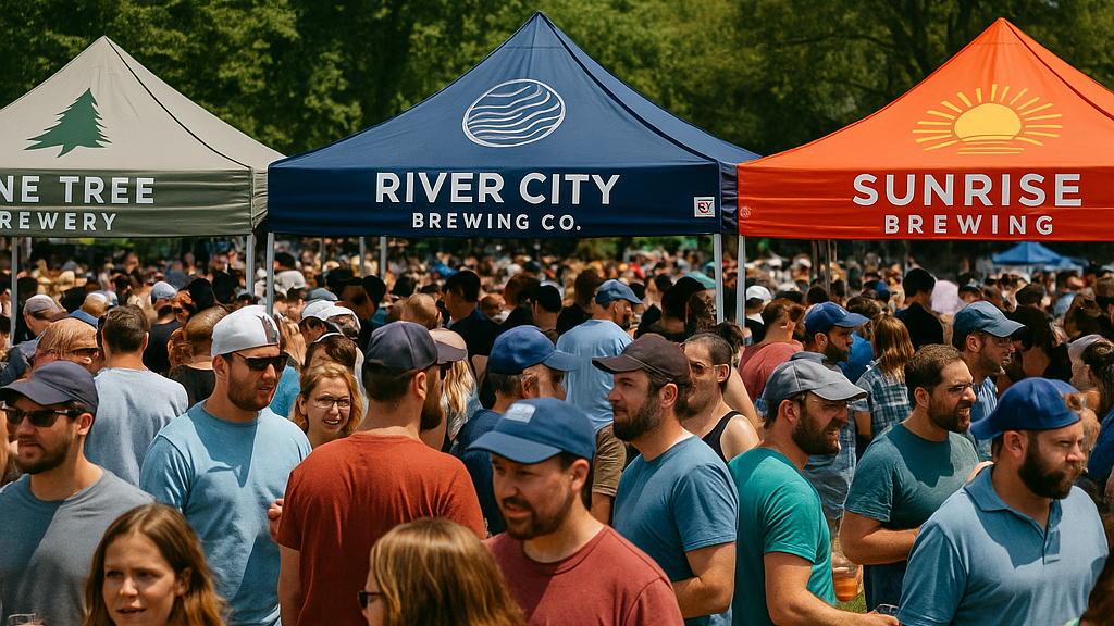 Festival Shot: Crowds with branded brewery tents at a summer festival.