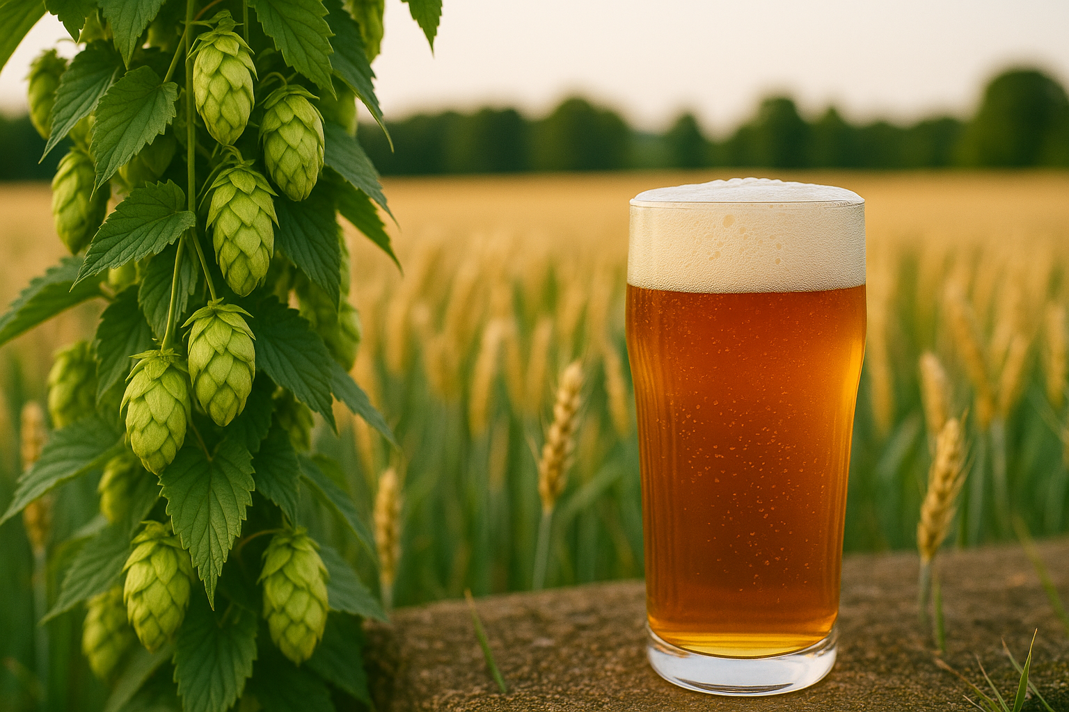 Farm-to-Glass Visual: Fresh hops or barley in a field, contrasted with a glass of beer.