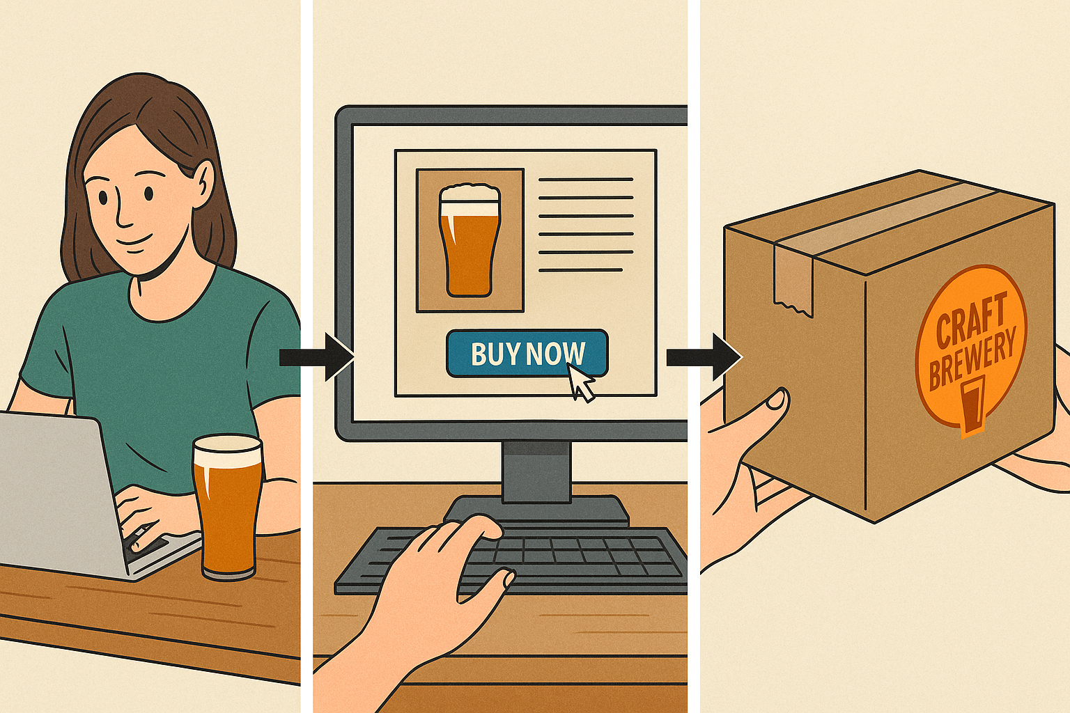 Affiliate Storyboard: Blogger posting → reader clicking link → delivery box arriving.