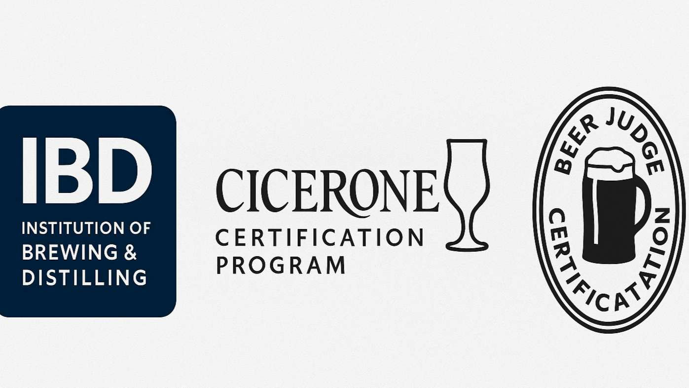 Certification Badge Graphic: Logos of IBD, Cicerone, BJCP (for education).