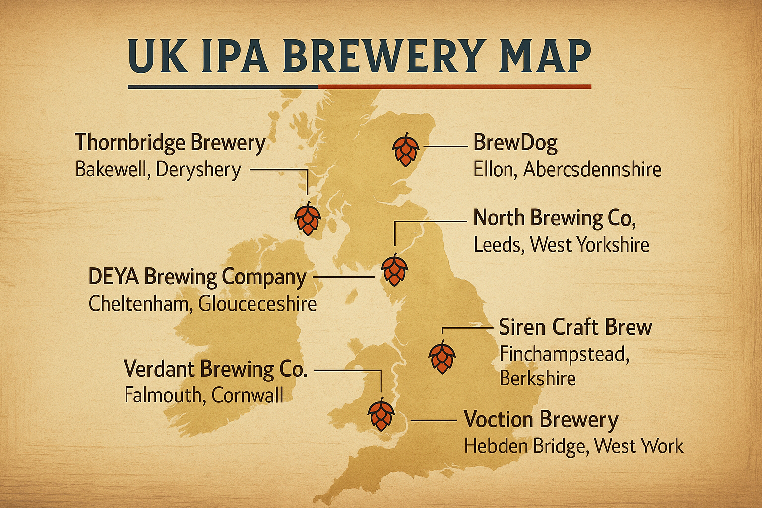 Vintage-style UK IPA Brewery Map highlighting locations of leading British craft breweries including Thornbridge, DEYA, Verdant, BrewDog, Siren, North Brewing, and Vocation, marked with hop cone icons.