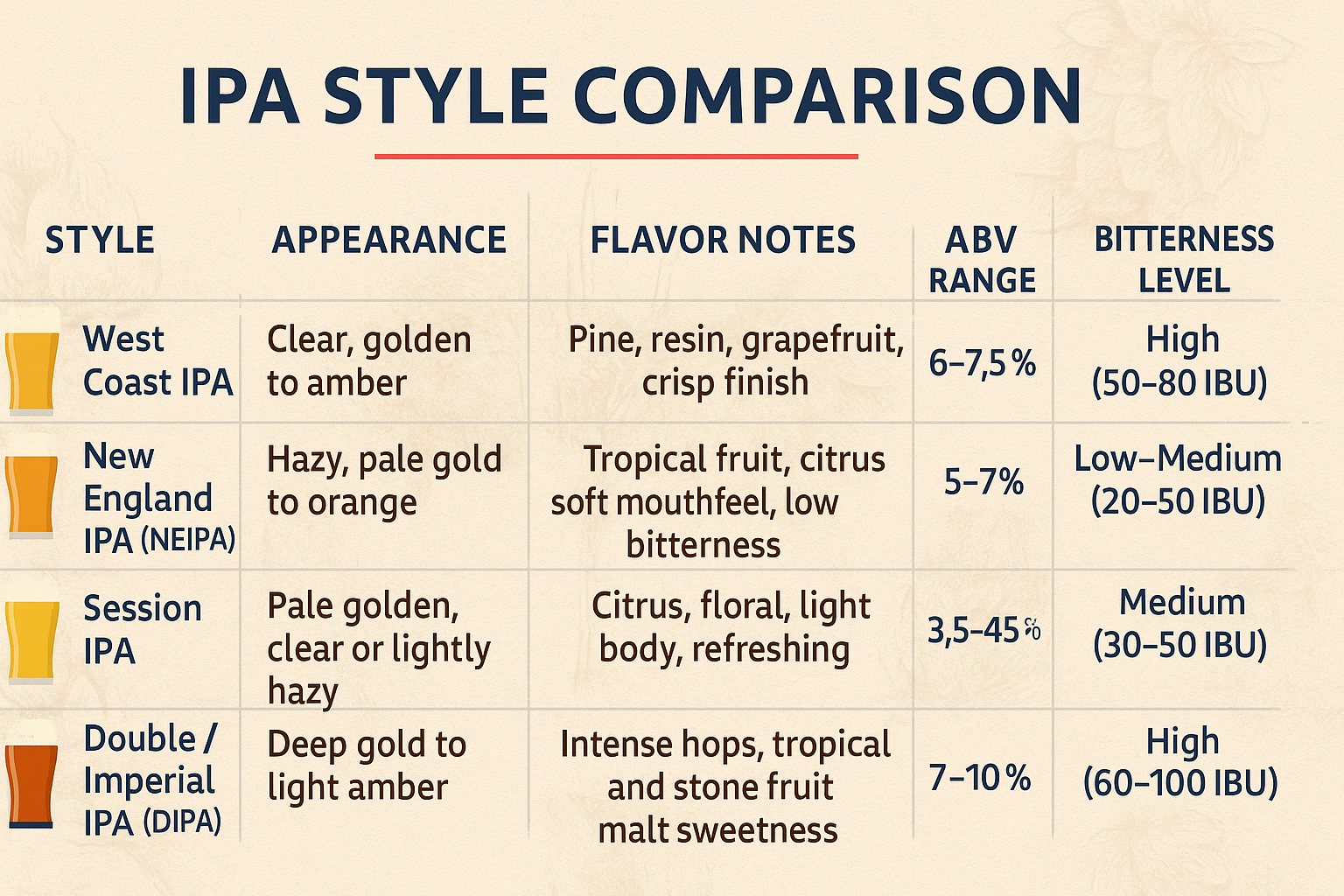 Modern infographic comparing popular IPA styles including West Coast, New England, Session, Double/Imperial, and Black IPA, with details on appearance, flavor notes, ABV range, and bitterness levels.