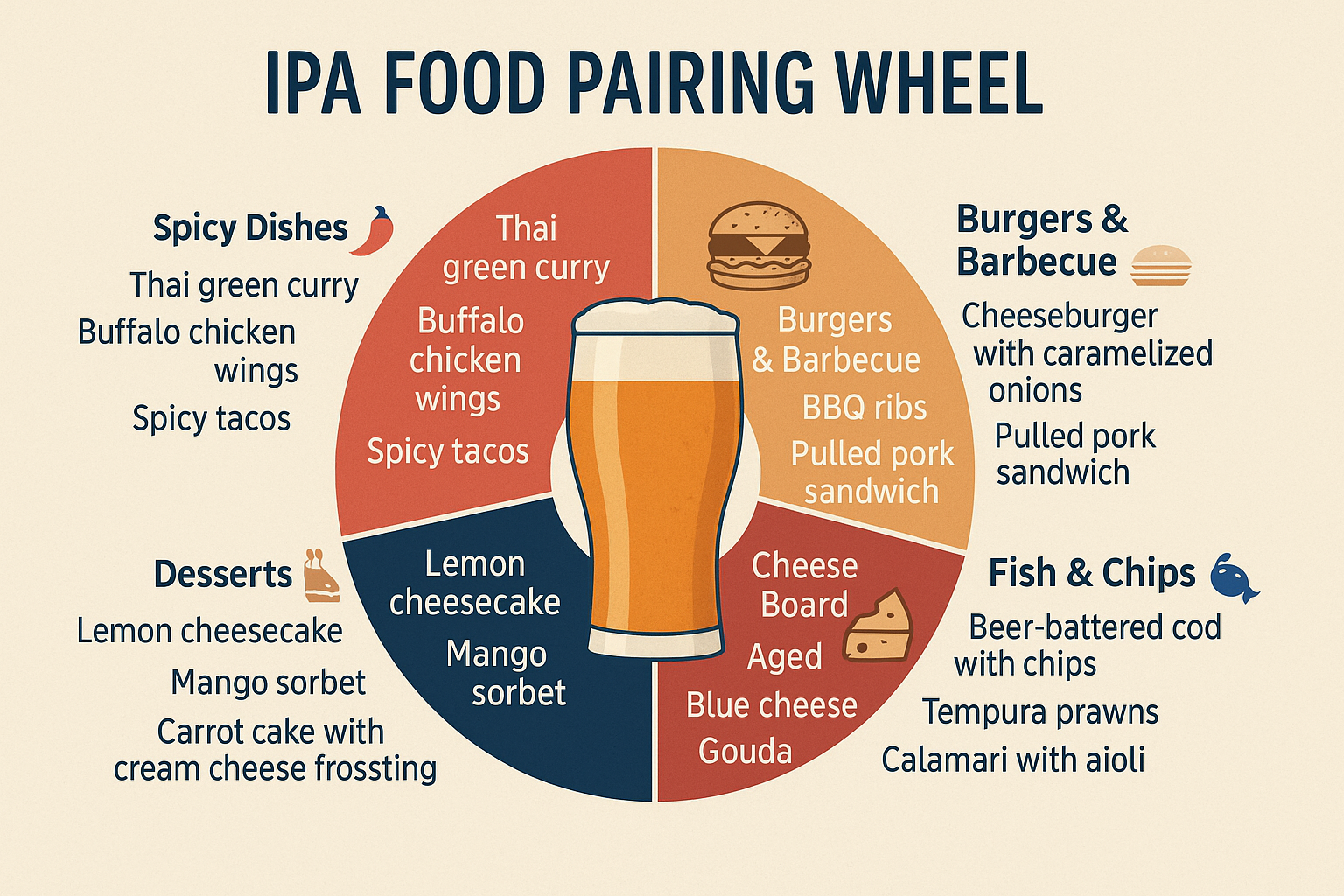Colorful IPA Food Pairing Wheel infographic showing best dishes to pair with IPAs, including spicy curries, BBQ burgers, fish and chips, cheese boards, and desserts, radiating from a central IPA glass image.