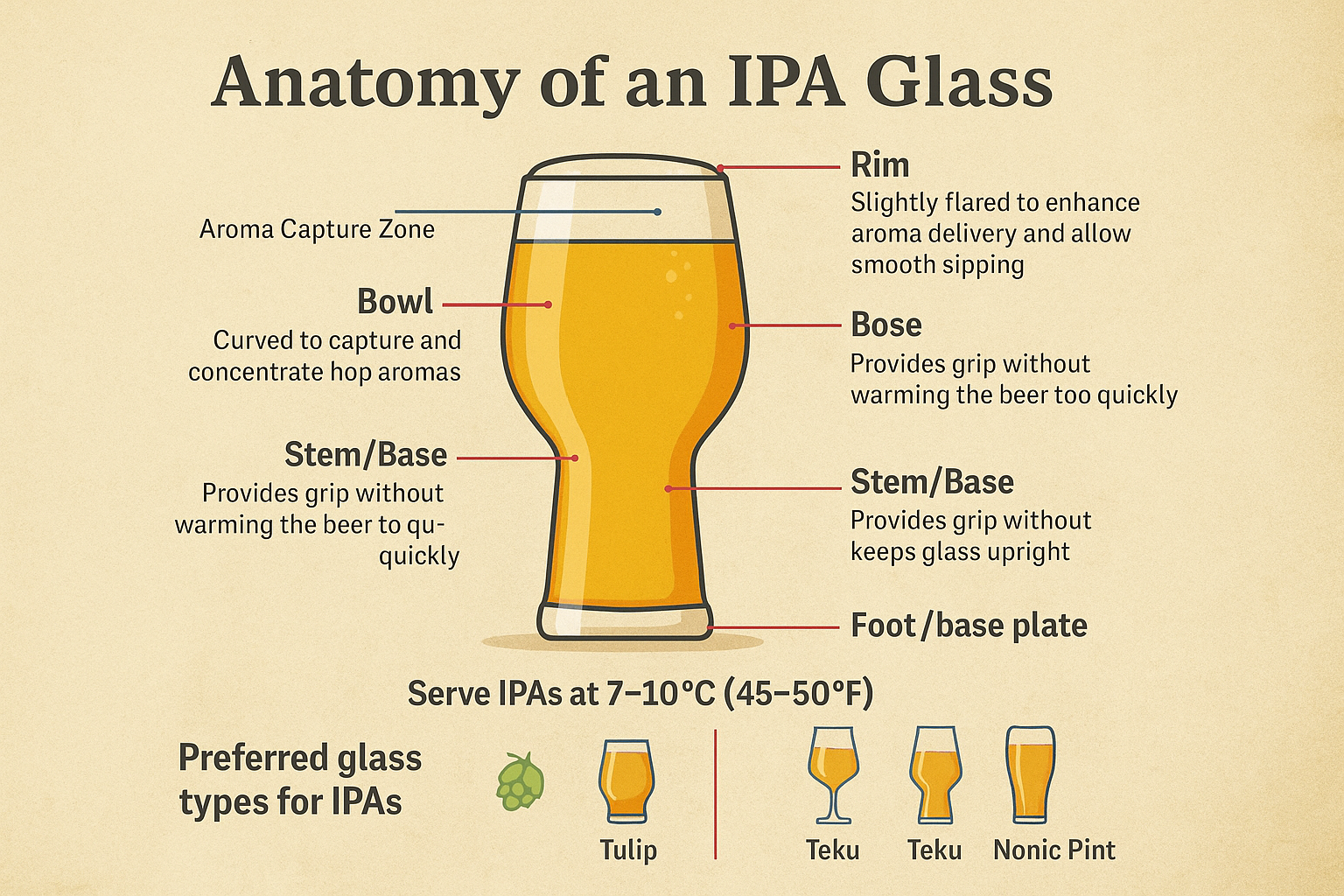 Infographic showing the anatomy of an IPA glass, labeling the rim, bowl, body, stem, and base, with notes on aroma capture and serving temperature, plus mini comparison of tulip, Teku, and nonic pint glasses.