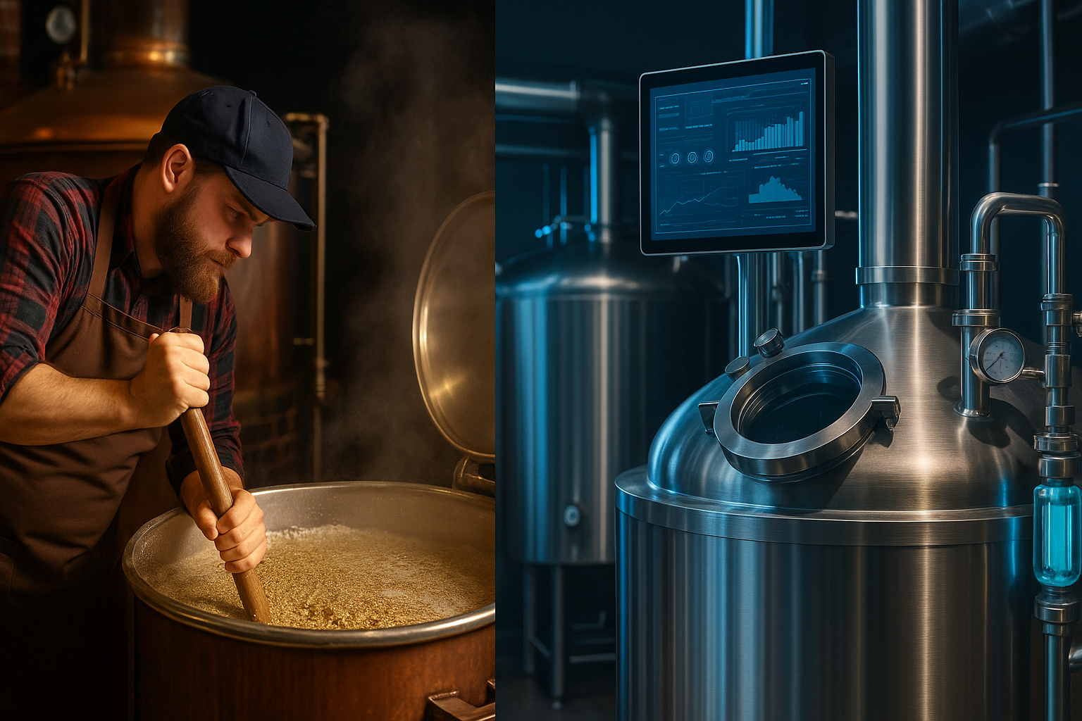 Contrast between traditional brewing methods and AI-driven automated systems.