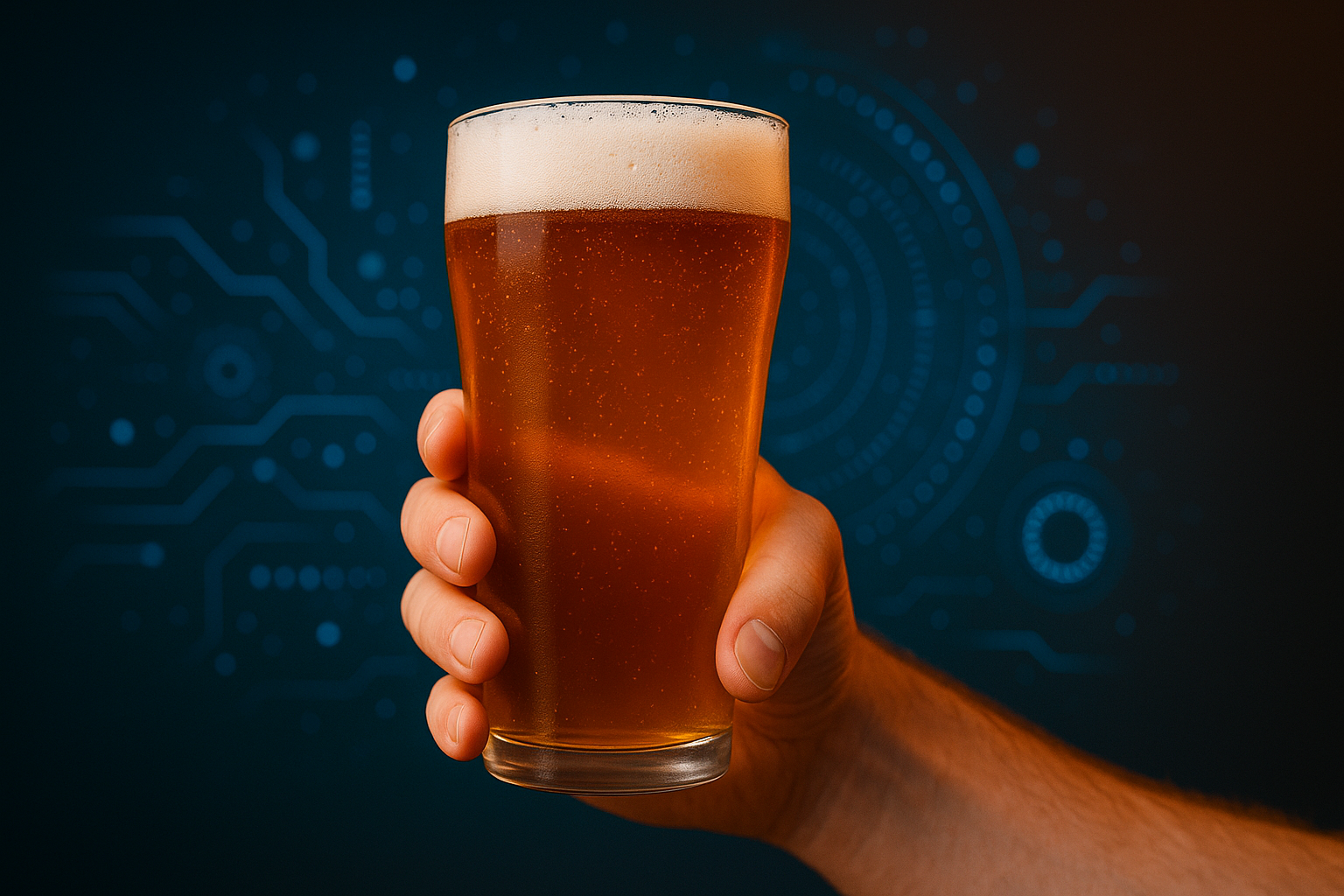 Craft beer pint held in hand with digital AI graphics symbolizing the future of brewing
