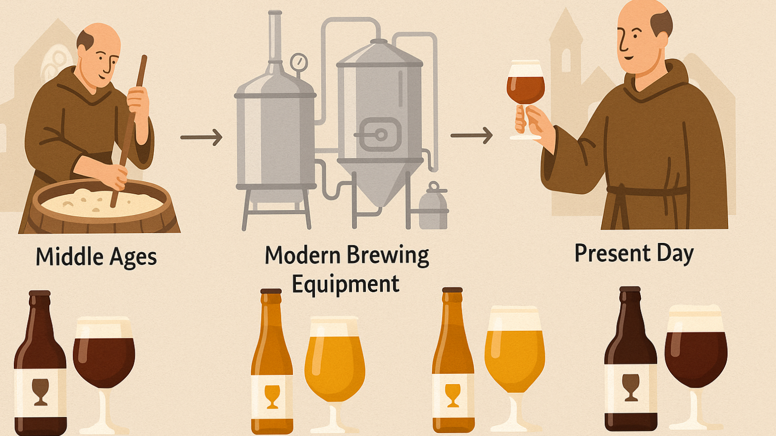 Illustrated Timeline: Monks brewing in the Middle Ages → modern brewing equipment → present-day abbey beers.