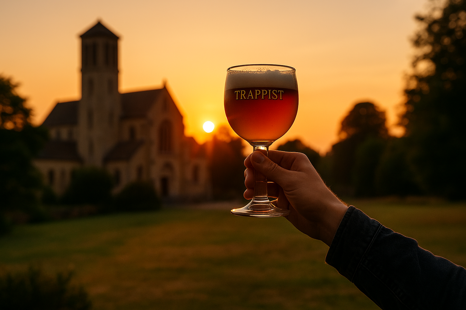 A traveler toasting with a chalice of beer outside an abbey at sunset.