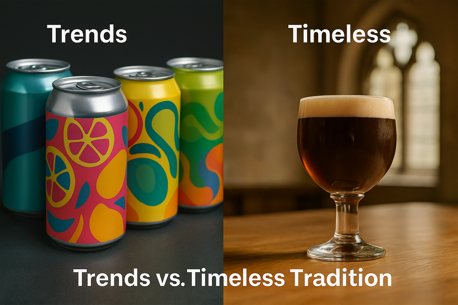 Split Image: On one side, modern flashy IPA cans; on the other, a classic chalice of Dubbel/Tripel in a monastery setting. Caption: “Trends vs. Timeless Tradition.”