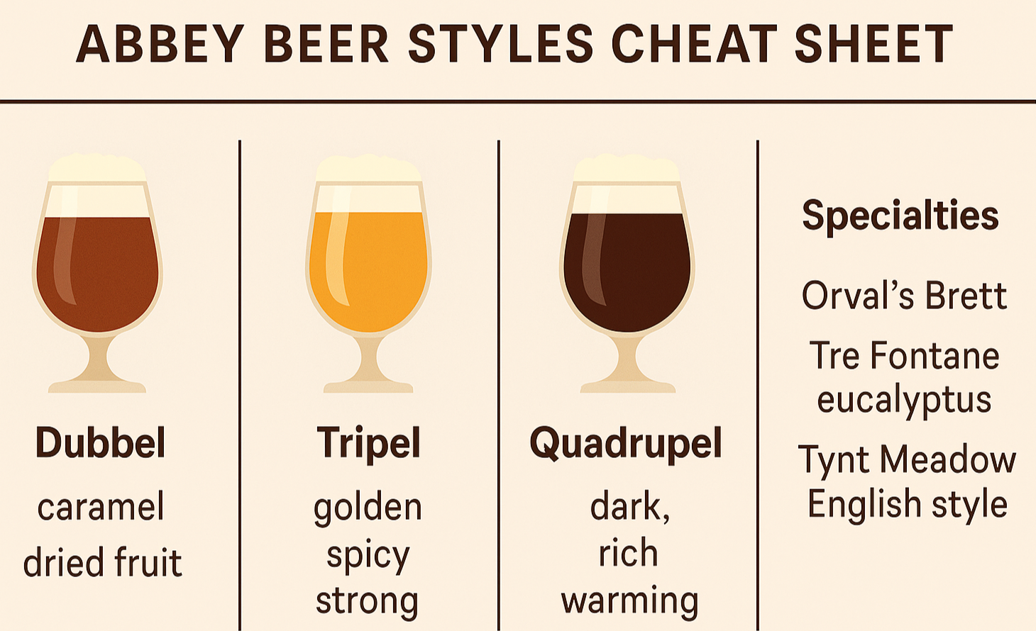 Minimalist vertical infographic showing: Dubbel → caramel, dried fruit. Tripel → golden, spicy, strong. Quadrupel → dark, rich, warming. Specialties → Orval’s Brett, Tre Fontane eucalyptus, Tynt Meadow English style.