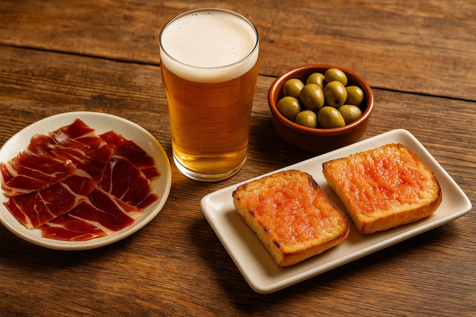 Spanish tapas and caña of beer on wooden table in Barcelona bar.