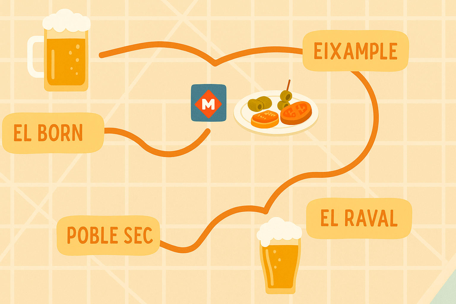 Illustrated pub crawl route through Barcelona neighborhoods with beer icons.
