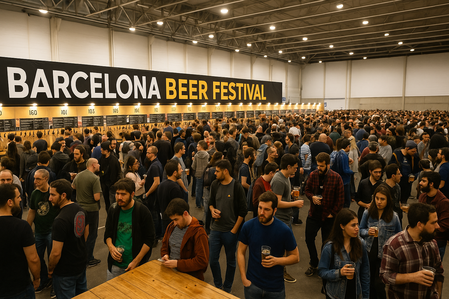 Barcelona Beer Festival 2025 with beer stands and visitors sampling craft beers.