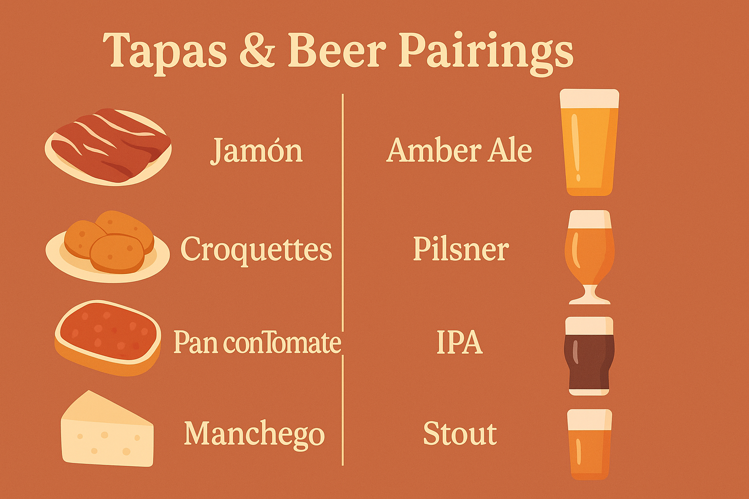 Tapas & Beer Pairings” (Pairing Infographic) Jamón → Amber Ale Croquettes → Pilsner Pan con Tomate → IPA Manchego → Stout