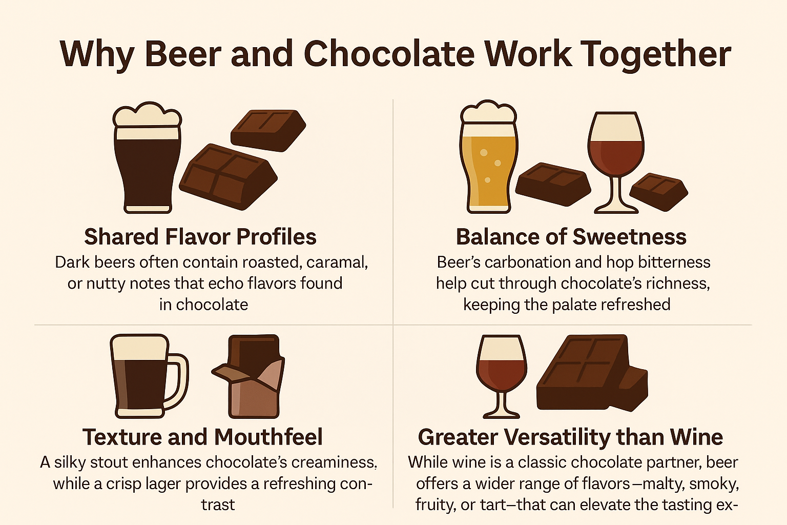4 illustrated icons with short captions: 🍫 Shared Flavors (roast, cocoa) ⚖️ Balance of Sweetness & Bitterness ✨ Texture & Mouthfeel 🍷 Beer vs. Wine Versatility