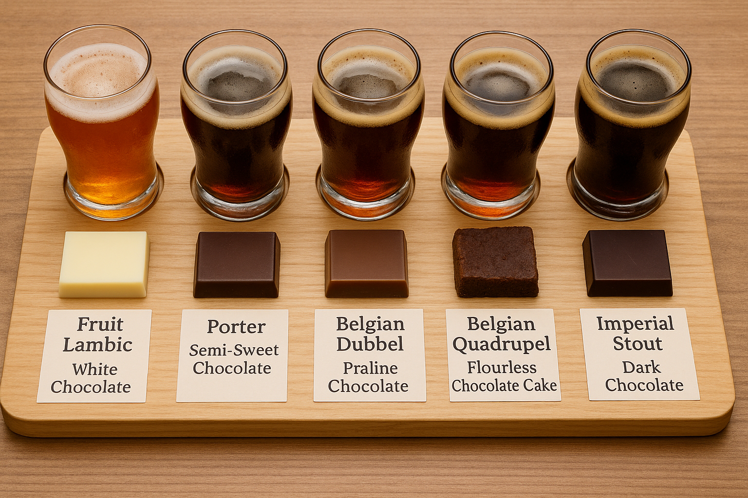 A flatlay of a tasting board: flight glasses with beer, labeled chocolates in front.
