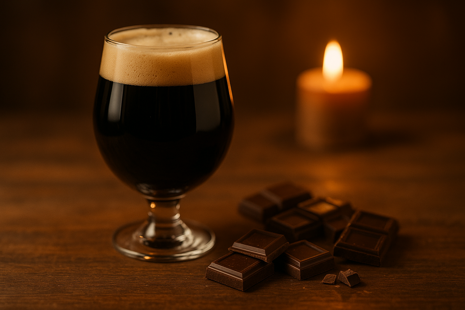 Cozy scene: a glass of stout, broken chocolate squares, soft candlelight.