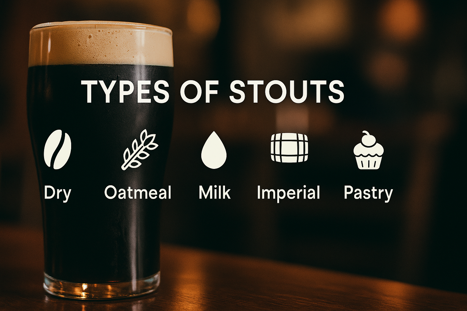 Infographic showing five types of stout beers: dry, oatmeal, milk, imperial, and pastry stouts.