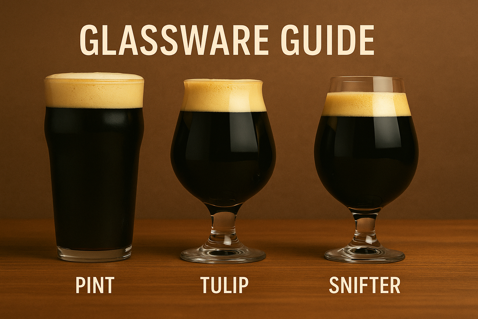 Different glass types for serving stout beers: pint, tulip, and snifter.