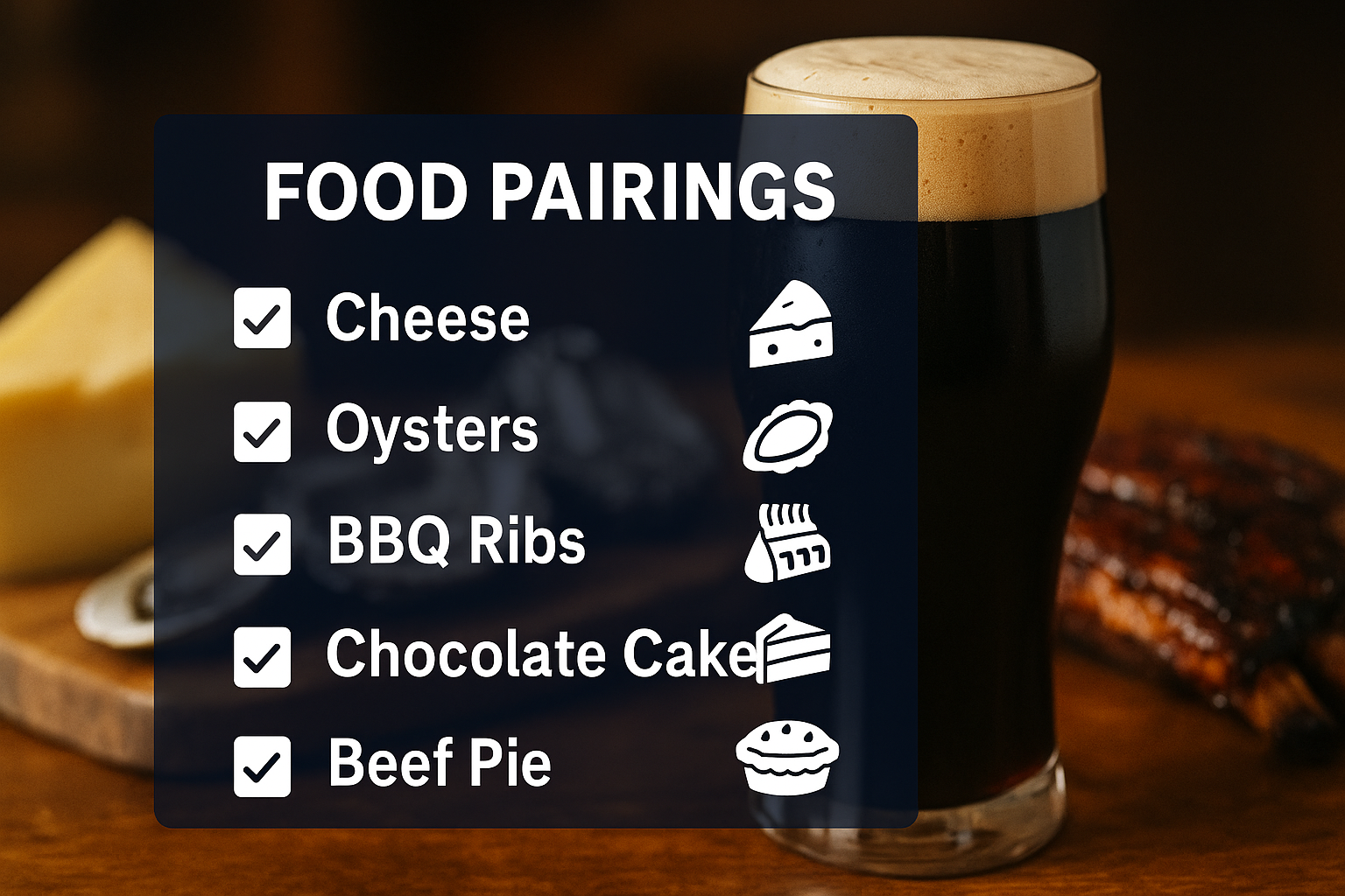 Infographic of five best food pairings for stout beer: cheese, oysters, BBQ, chocolate desserts, and beef pie.