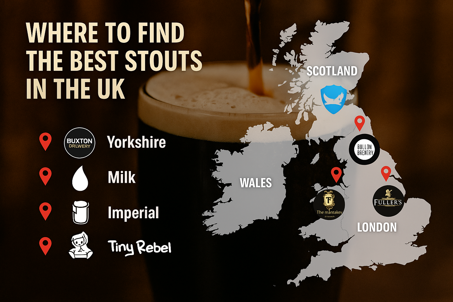 Map of the UK showing locations of top stout breweries including Samuel Smith, The Kernel, Tiny Rebel, and Buxton Brewery.