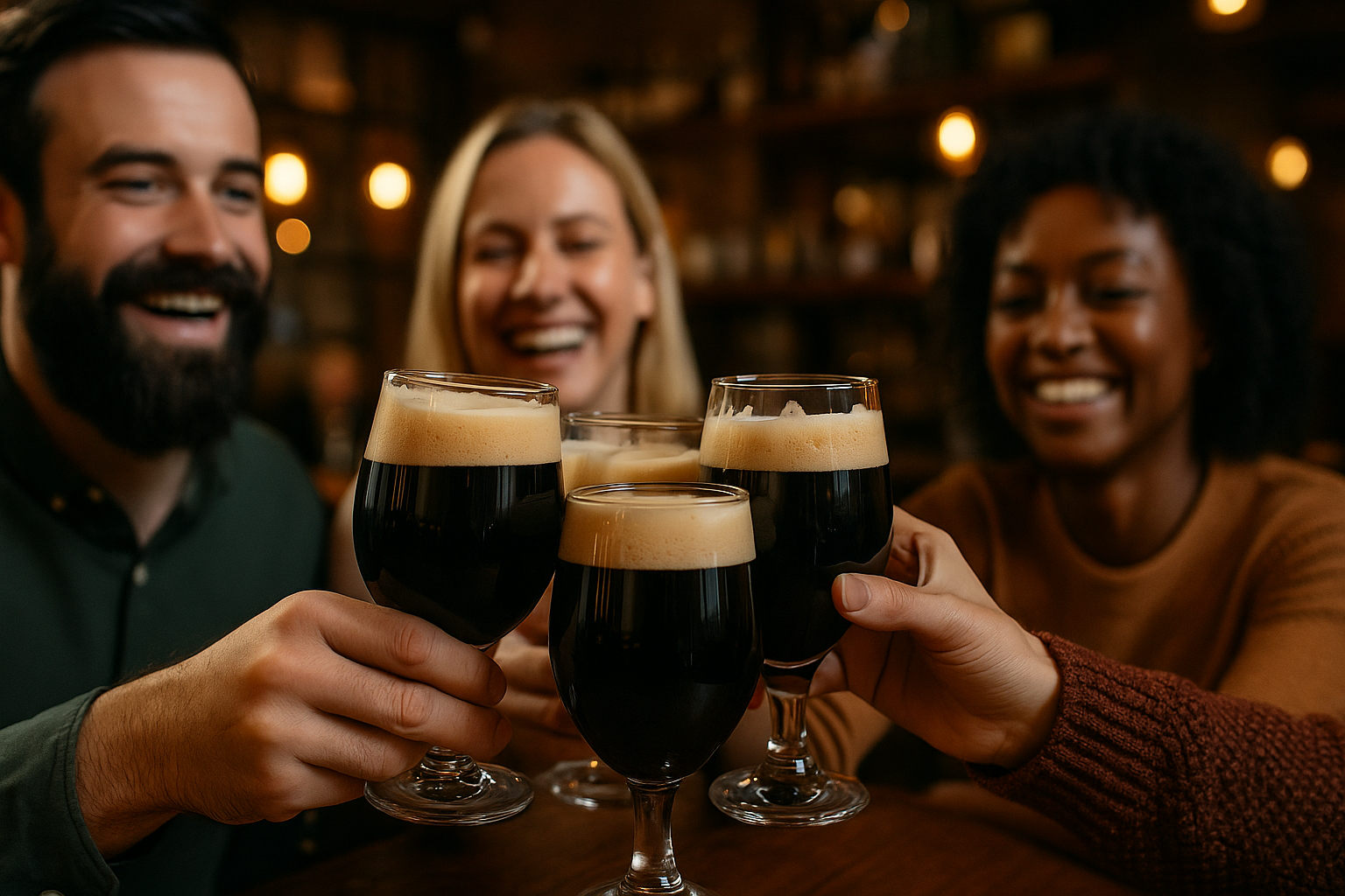 Group of friends raising glasses of stout beer in a traditional UK pub.