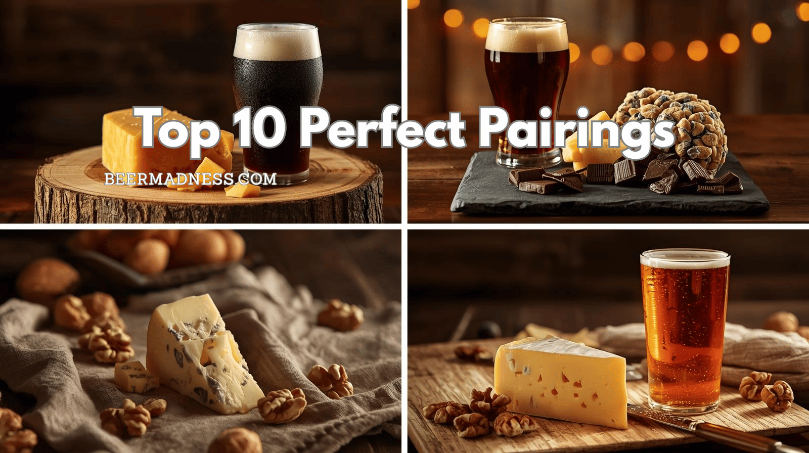Collage showing four classic beer and cheese pairings in golden-hour light: IPA and cheddar, stout and blue, saison and brie, amber and gouda.