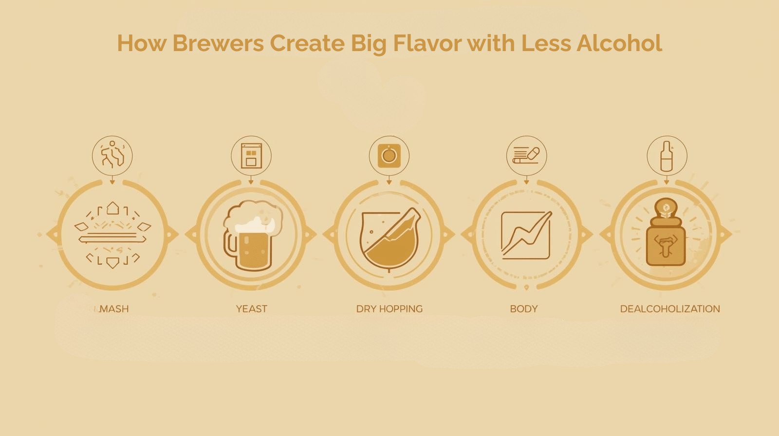 Infographic illustrating brewing stages used to create flavor in low-ABV and non-alcoholic beers.