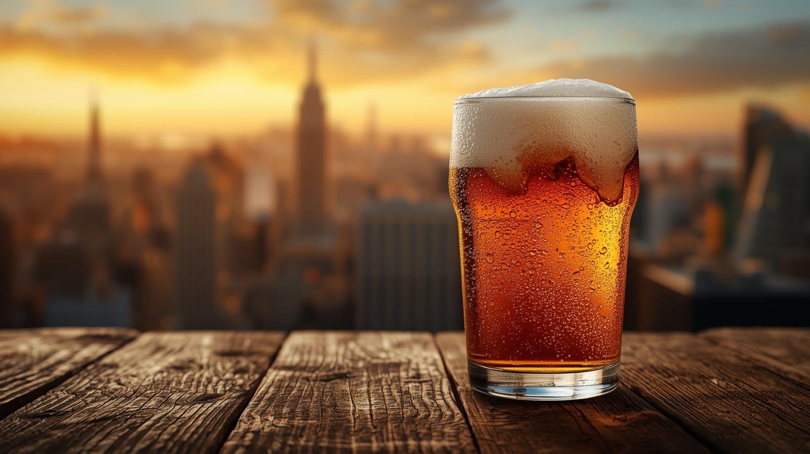 Close-up of an amber beer glass at sunset symbolizing the mindful brewing movement.