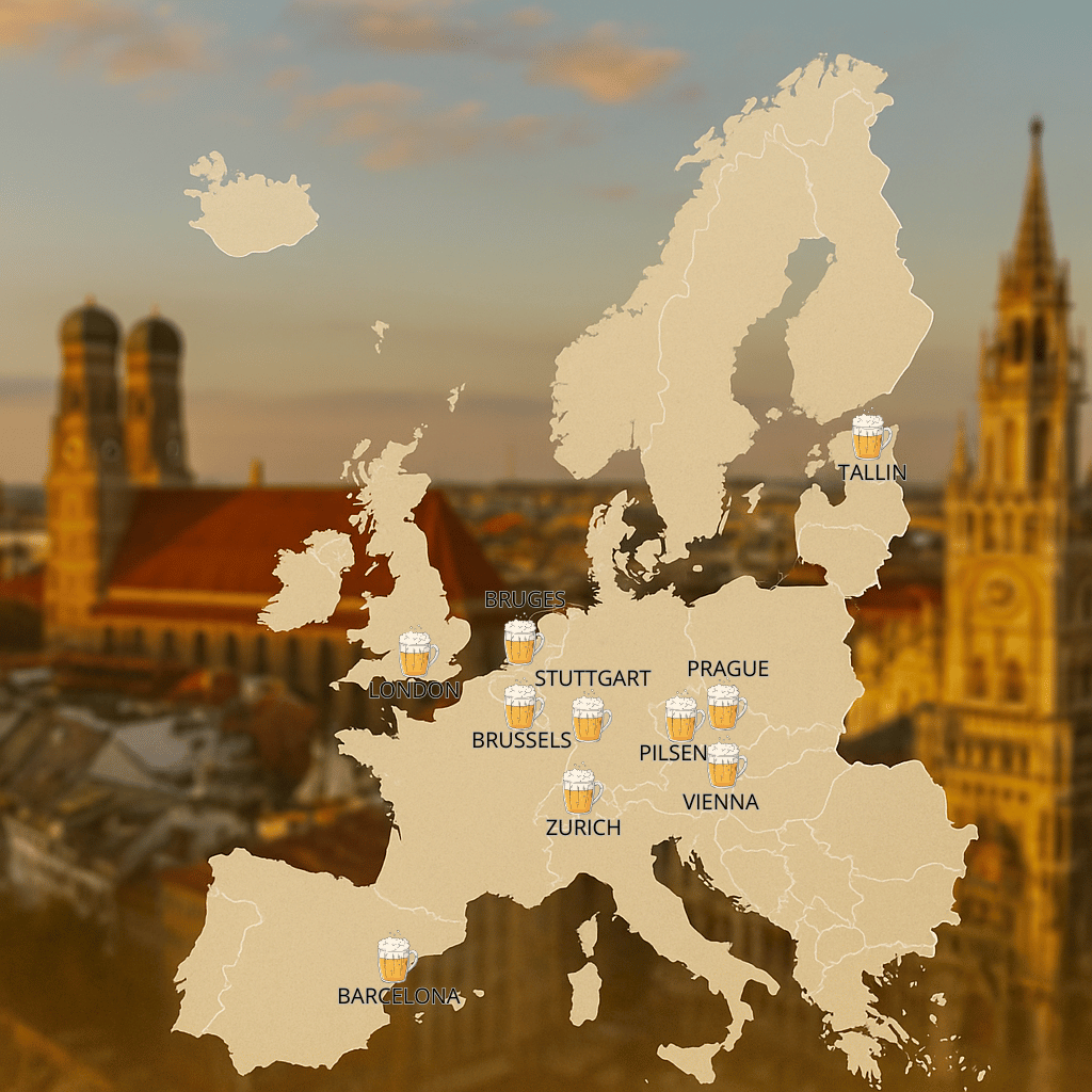 Map showing locations of the top Oktoberfest alternatives across Europe in 2025