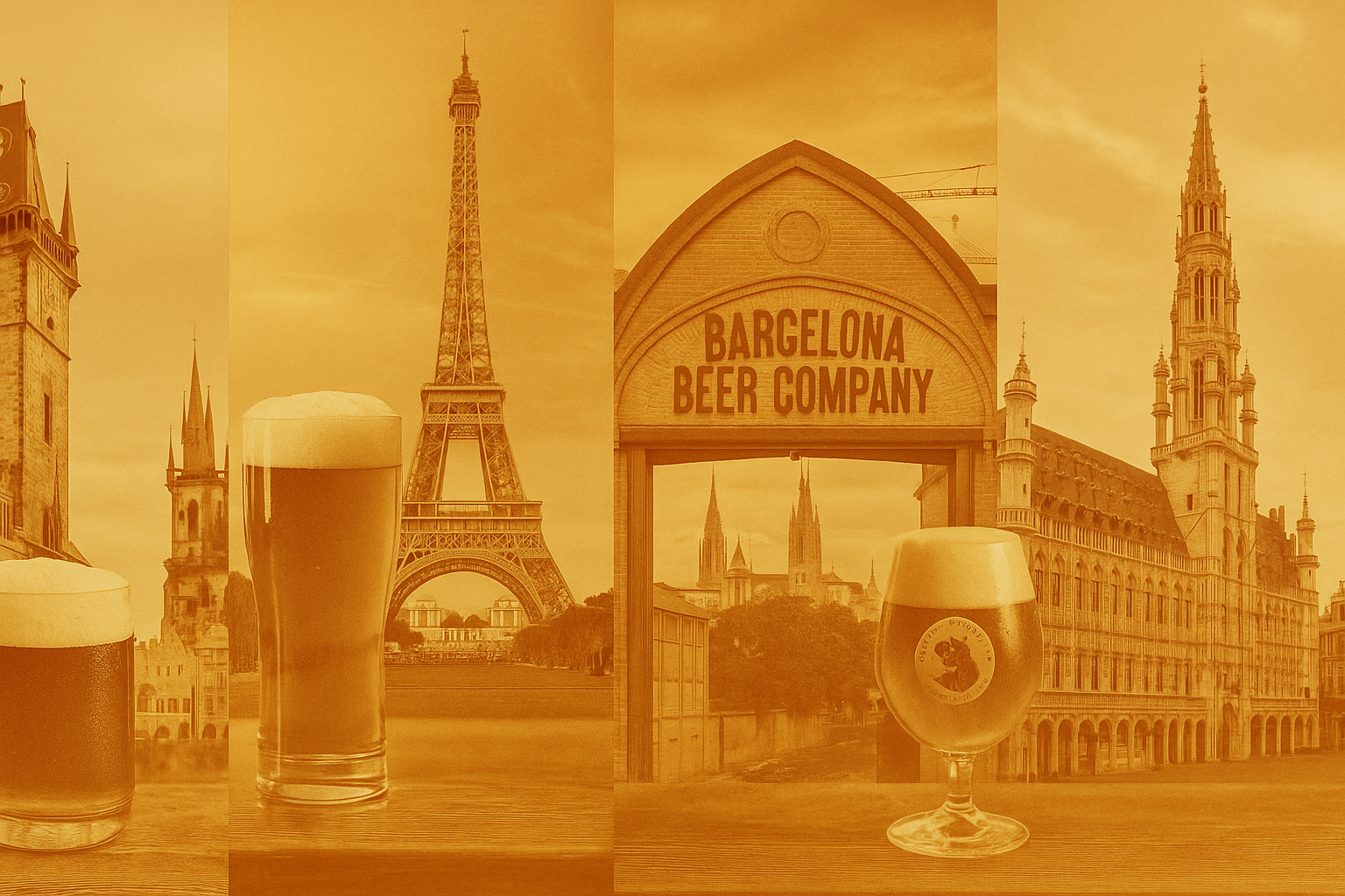 Collage of European landmarks and beer scenes promoting beer travel across Europe.
