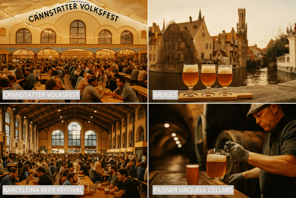 Photo collage of beer festivals in Brussels, Barcelona, Prague, and Vienna.