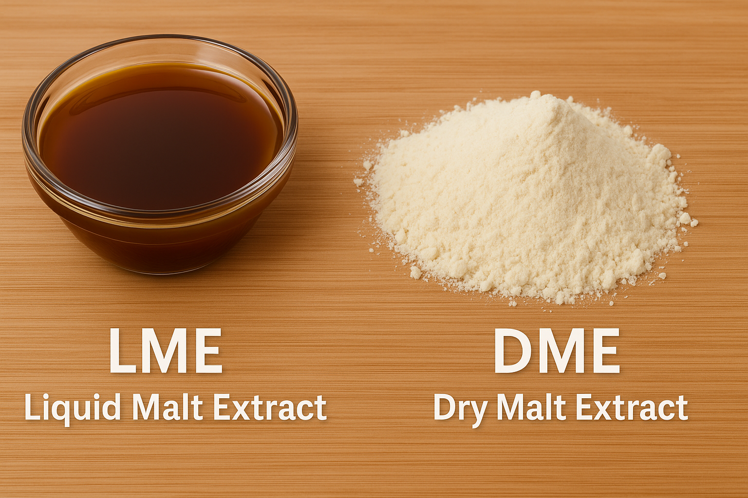 Side-by-side comparison photo of LME (liquid malt extract) vs DME (dry malt extract).
