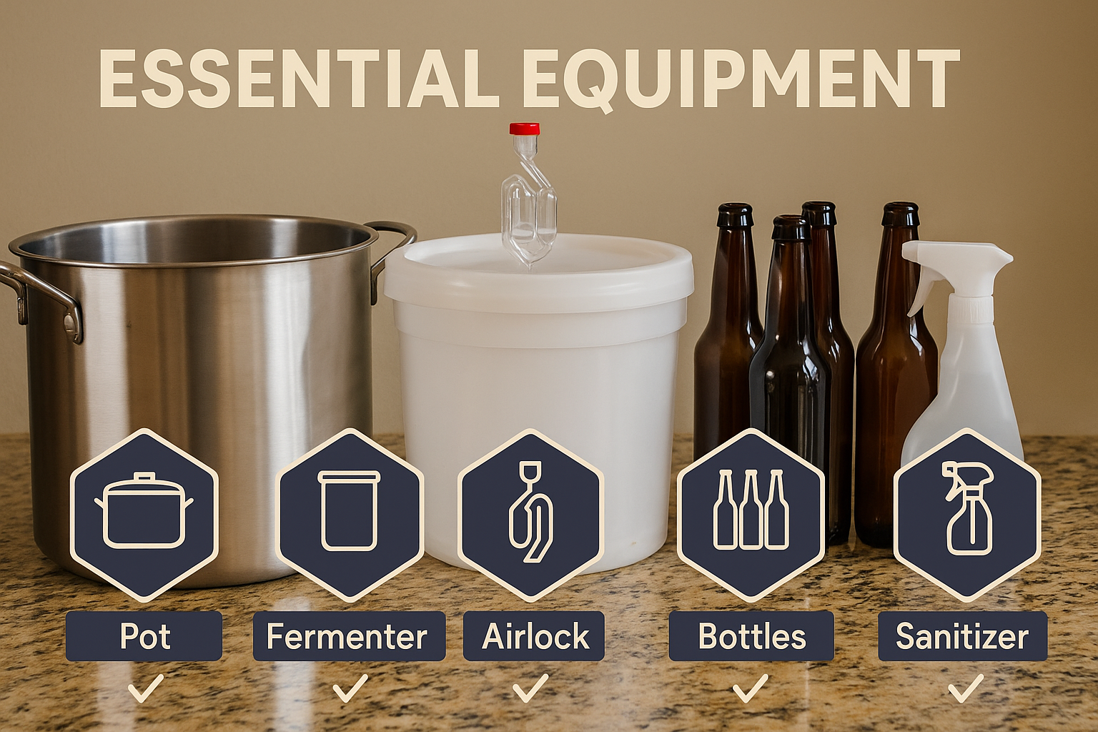 Essential Equipment Checklist Infographic Icons for each item: pot, fermenter, airlock, bottles, sanitizer.