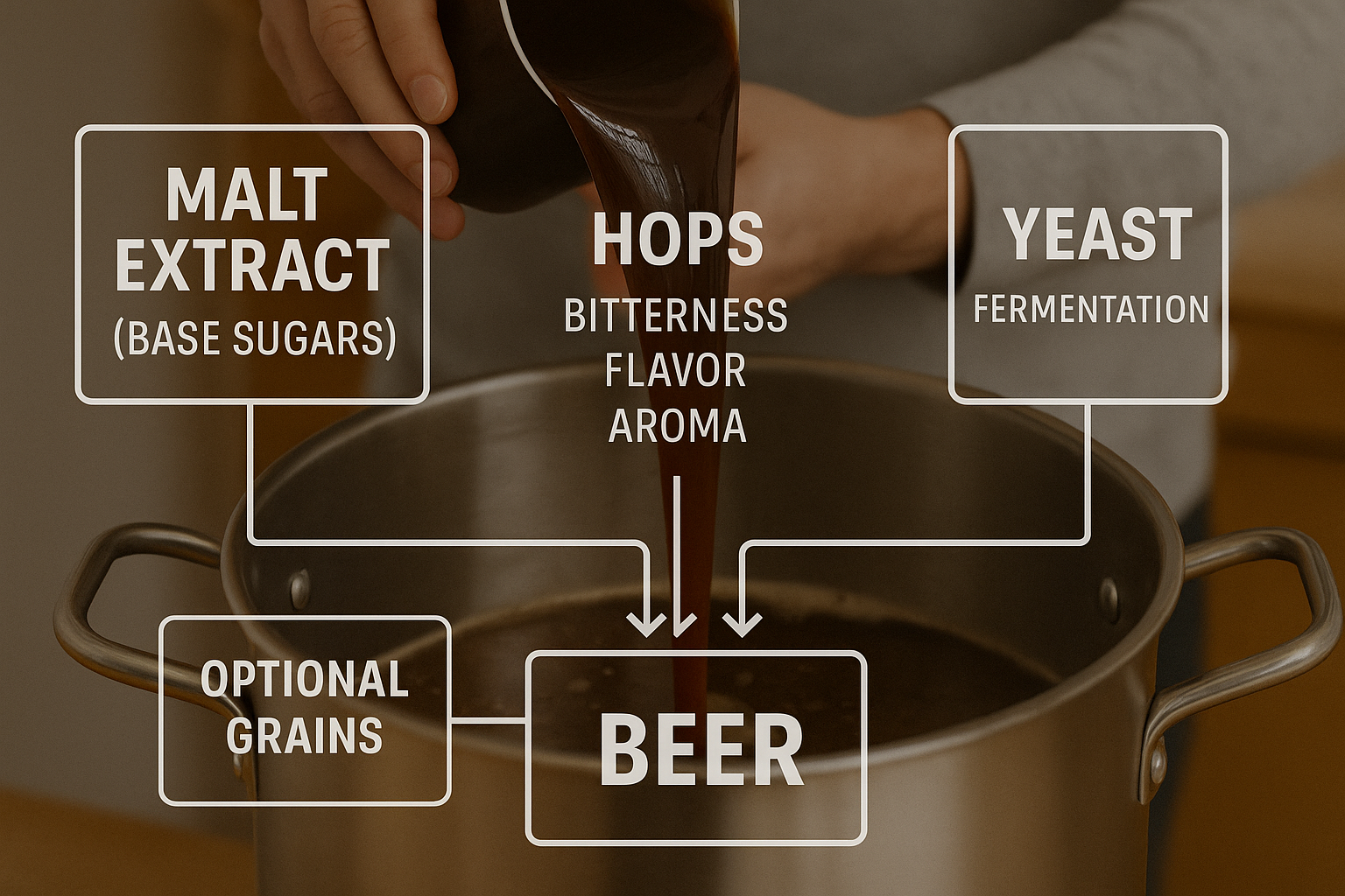 Minimalist diagram showing: Malt extract (base sugars) Hops (bitterness/flavor/aroma) Yeast (fermentation) Optional grains