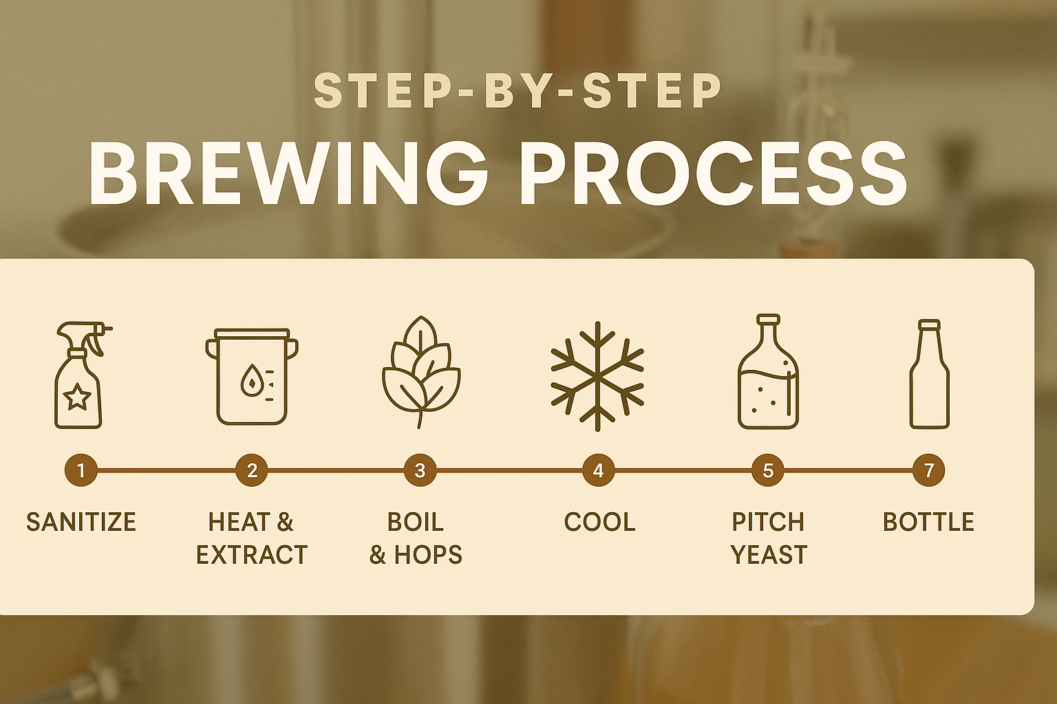 Timeline or flowchart with 7 steps: 1.Sanitize 2.Heat & Extract 3.Boil & Hops 4.Cool 5.Pitch Yeast 6.Ferment 7.Bottle