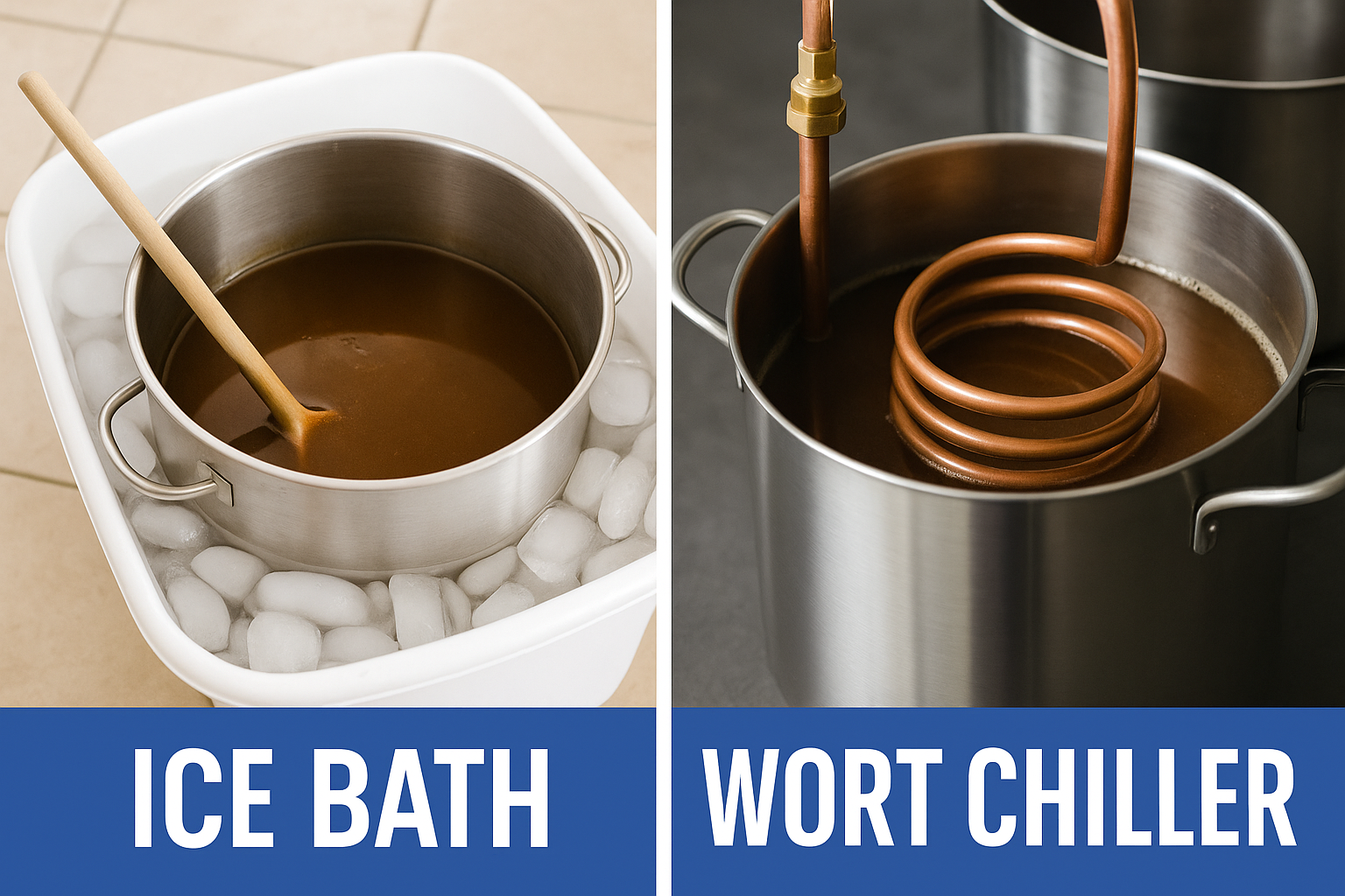 Split graphic: Ice bath vs Wort chiller.