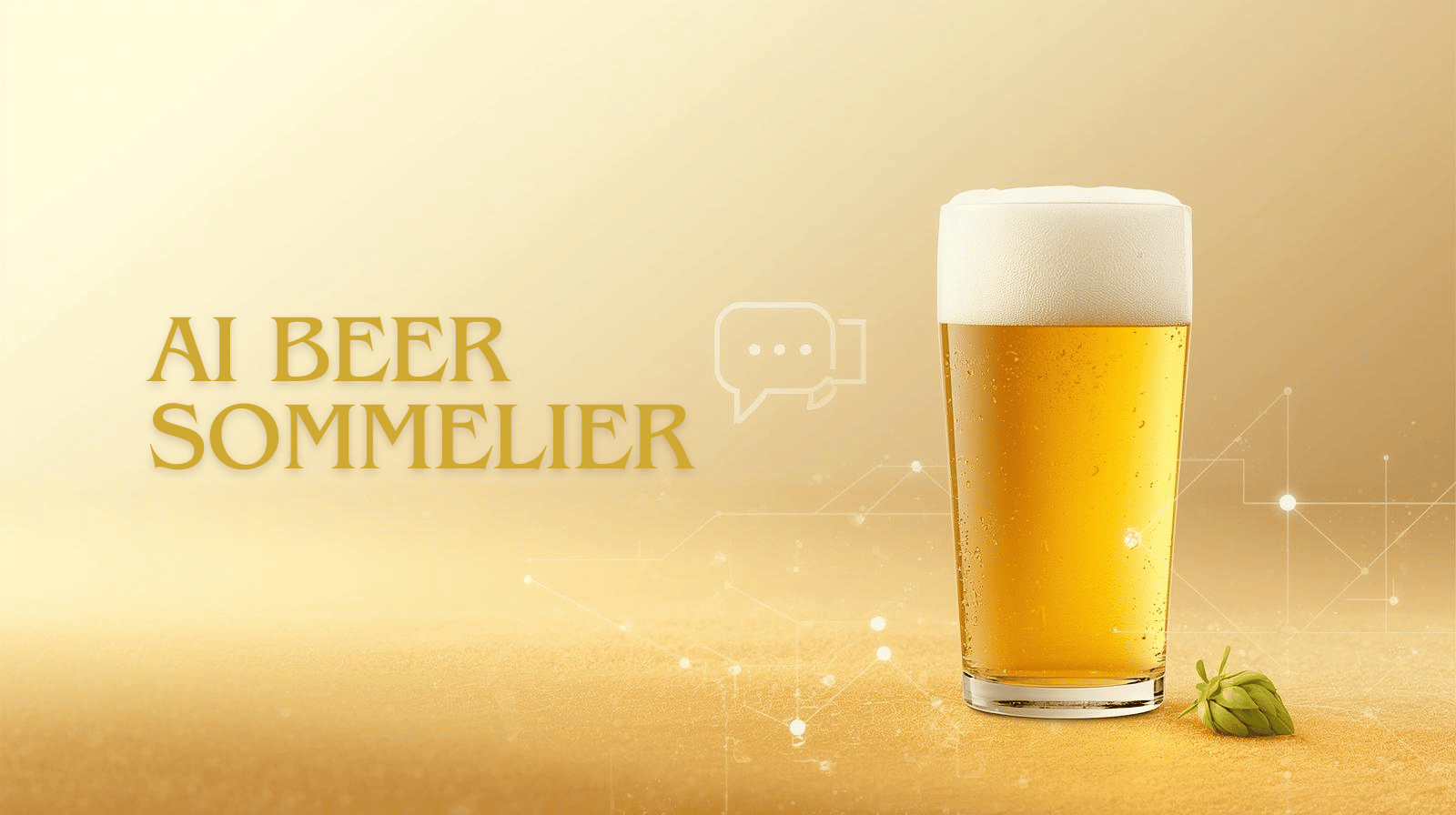 Editorial banner featuring a hazy golden beer glass with a digital chat icon and warm amber gradient background, representing AI and craft beer fusion