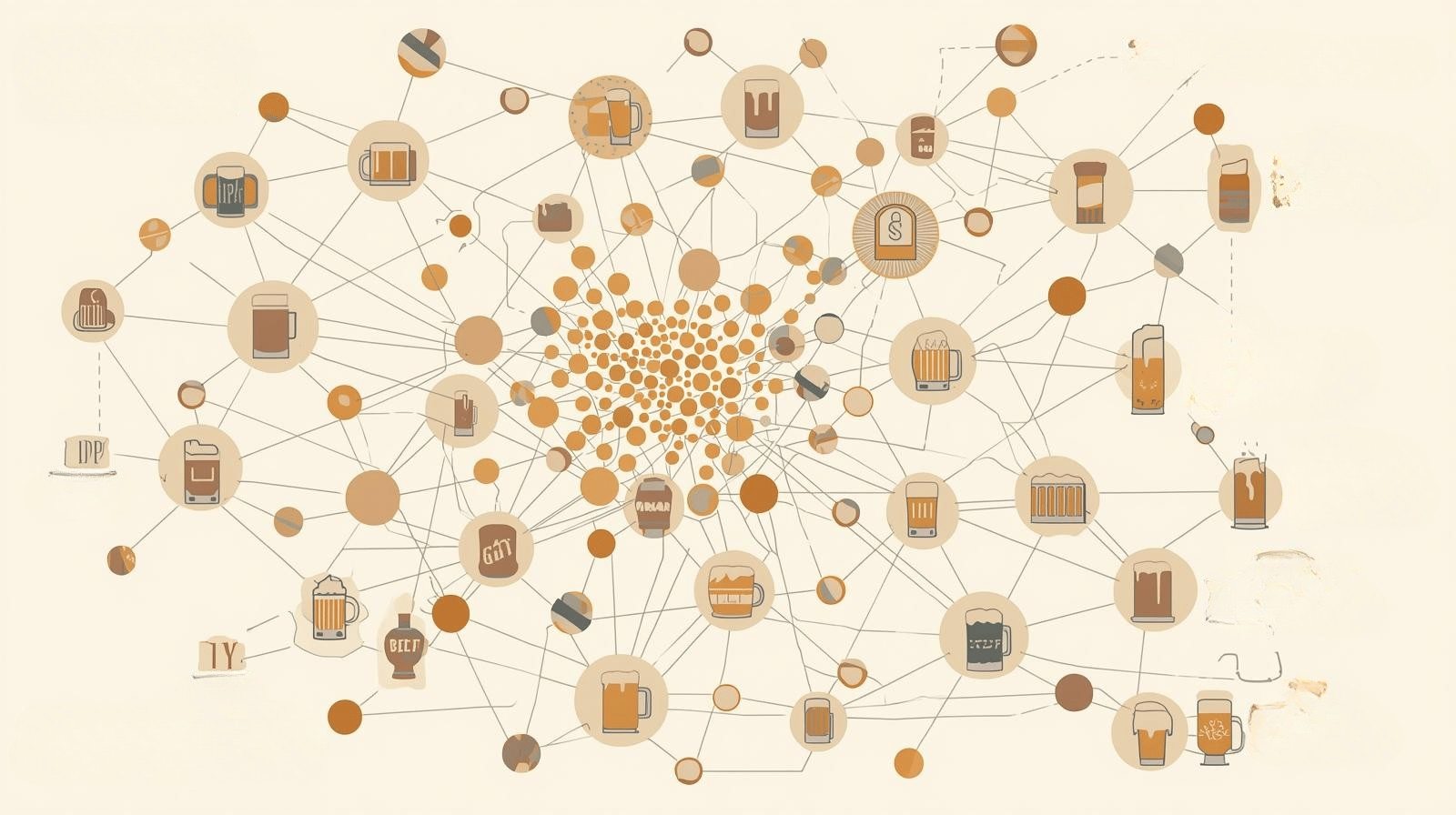 Infographic map visualizing beer styles grouped by flavor similarity, representing how AI models like Beer2Vec learn taste relationships.