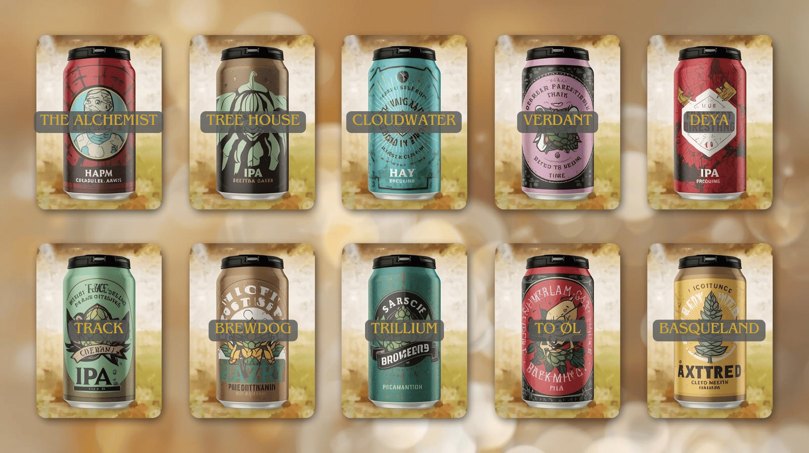 Ten cans labeled with brewery names — The Alchemist, Tree House, Cloudwater, Verdant, Deya, Track, BrewDog, Trillium, To Øl, Basqueland. Blurred hazy IPA background with overlay boxes for each label.
