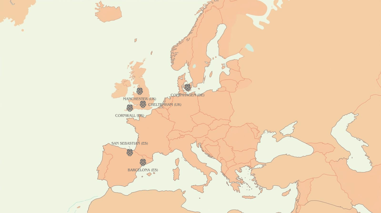 Simple stylized map of Europe and UK highlighting key beer cities (Manchester, Cornwall, Cheltenham, Copenhagen, Barcelona, San Sebastián).