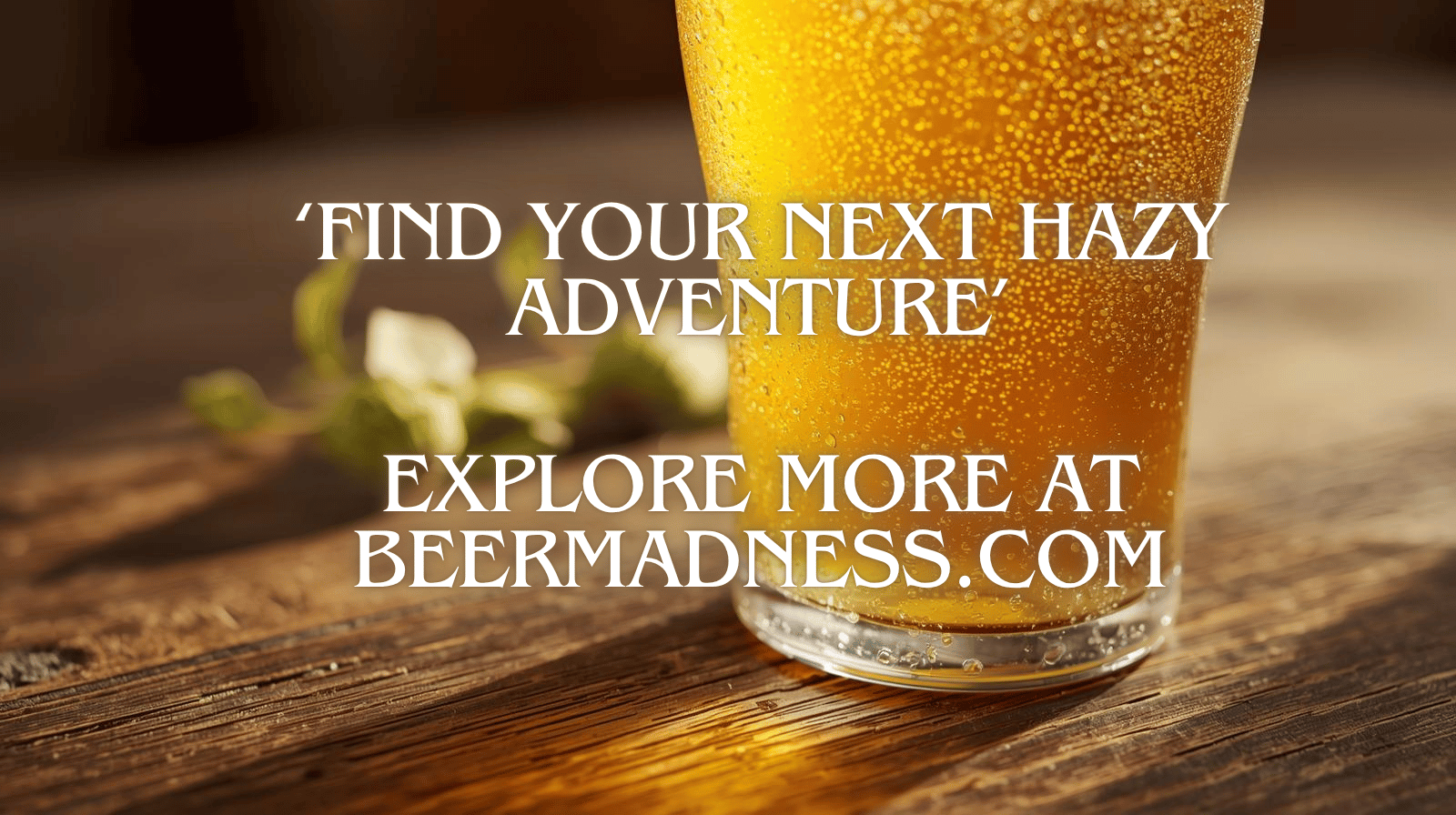 Glass of hazy IPA on a wooden table with sunlight and blurred hops in background.